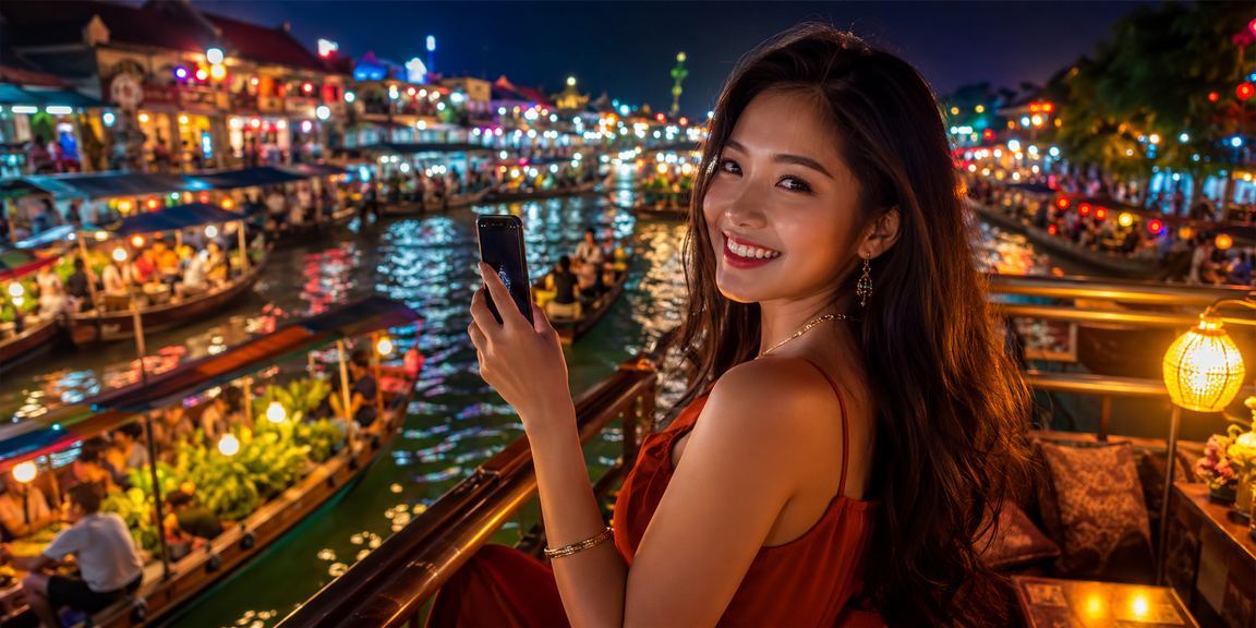 Cảnh chợ đêm Hà Nội với người dùng theo dõi kết quả thể thao trên điện thoại